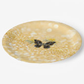 ヒマワリエレガントスパークルブラックバタフライ金ゴールド ペーパープレート (アングル)