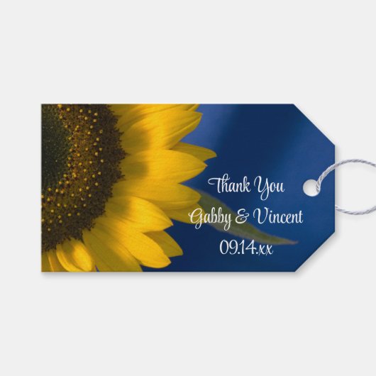 ヒマワリオンブルー結婚ズサンキューメッセージカード ギフトタグ (正面(横))