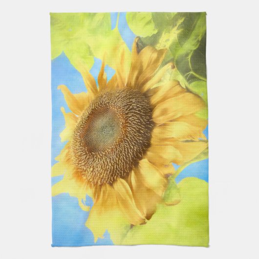ヒマワリカントリ素朴ーブルーイエローウォーターカラー キッチンタオル (縦)