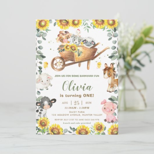 ヒマワリグリーンエリファームアンズ納屋周囲の庭誕生日 招待状 (スタンド正面)