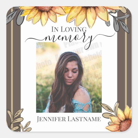ヒマワリシンプルー写真葬儀記念 スクエアシール (正面)