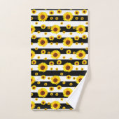 ヒマワリストライプの花を持つ白黒 バスタオルセット (ハンドタオル)