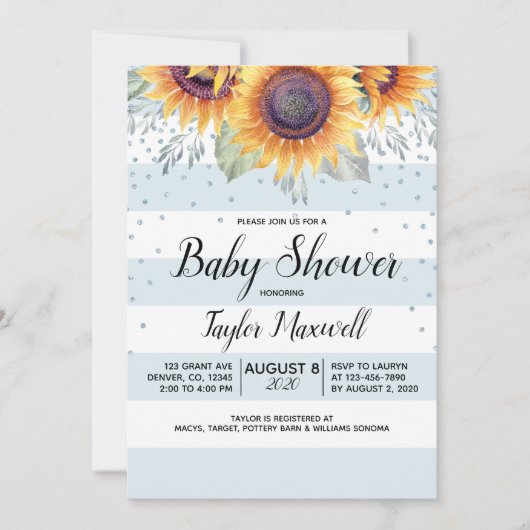 ヒマワリストライプー紙吹雪田舎秋のベビーシャワー 招待状 (正面)