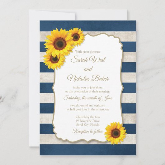 ヒマワリストライプー素朴ズNavy Blue結婚's 招待状 (正面)