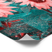 ヒマワリティール(緑がかった色)ピンクフローラヴィンテージテクスチグランジャ ポスター (角)