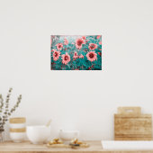 ヒマワリティール(緑がかった色)ピンクフローラヴィンテージテクスチグランジャ ポスター (キッチン)