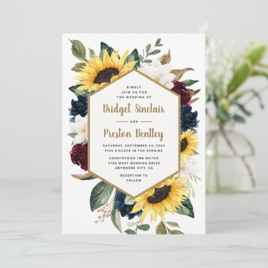 ヒマワリバラとマグノリア素朴をテーマ結婚にした 招待状 (スタンド正面)