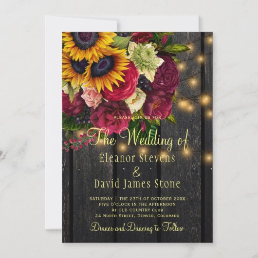 ヒマワリバラ素朴な田舎の納屋の結婚木 招待状 (正面)