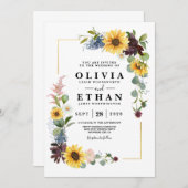 ヒマワリバーガンディバラブルー素朴 招待状 (正面/裏面)