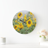 ヒマワリフィールドイエローグリーンビューティフルフローラ ラージ壁時計 (ホーム)