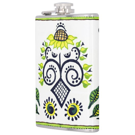 ヒマワリフォークアートパターン（黄色と黒） フラスク (左)