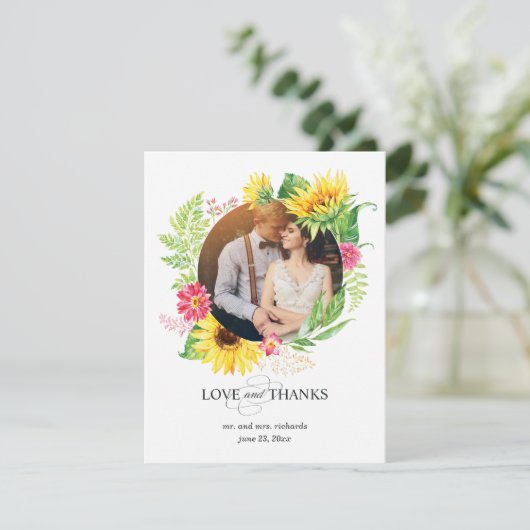 ヒマワリフレームが付いている写真カードありがとう サンキューカード (スタンド正面)