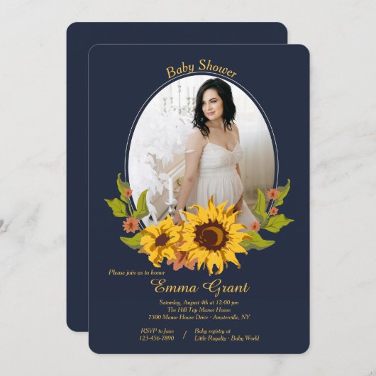 ヒマワリフレームの写真のベビーシャワーの招待状 招待状 (正面/裏面)