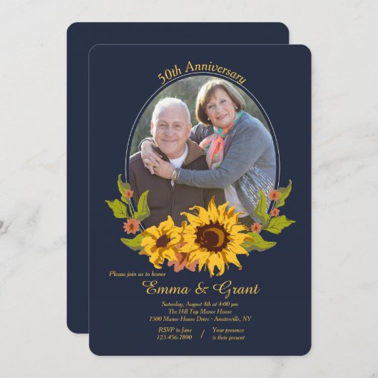 ヒマワリフレームの写真記念日の招待状 招待状 (正面/裏面)