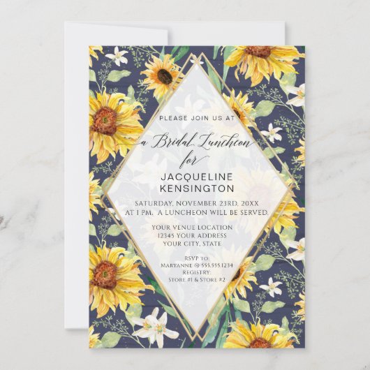 ヒマワリフローラウォーターカラーフリージネービーブライダル 招待状 (正面)