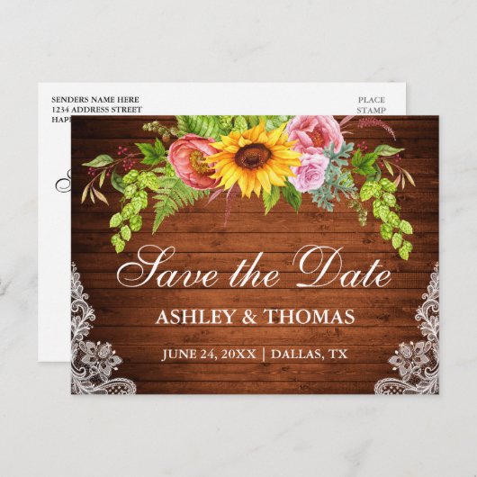 ヒマワリフローラウッドレース日付保存 インビテーションポストカード (正面/裏面)