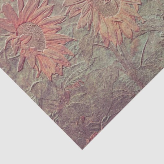 ヒマワリフローラティール（緑がかった色）コーラルピンクのテクスチャーグランジ 薄葉紙 (詳細)