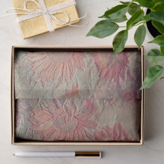 ヒマワリフローラティール(緑がかった色)コーラルピンクのテクスチャーグランジ 薄葉紙 (ギフト)