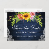 ヒマワリフローラブルーウッドレース日付保存 インビテーションポストカード (正面/裏面)