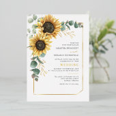 ヒマワリフローラユーカリプスグリーン金ゴールド 箔招待状 (立ち正面)