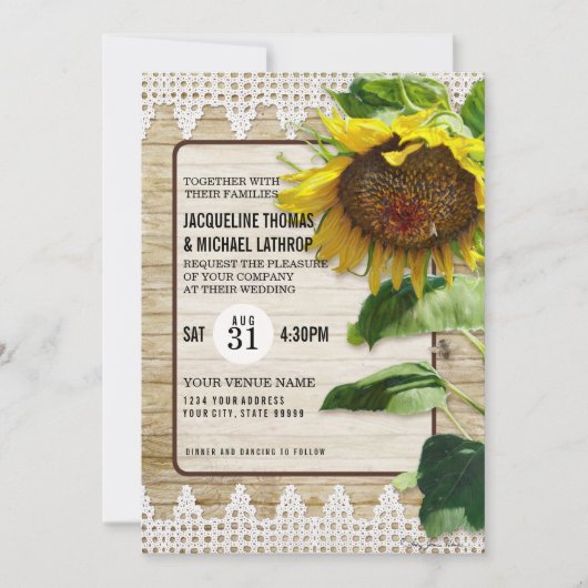 ヒマワリフローラレース素朴ヴィンテージウッドビーハイブ 招待状 (正面)