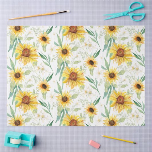 ヒマワリフローラ水彩白素朴いデクページ 薄葉紙 (クラフト)