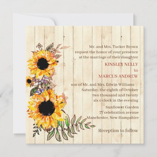 ヒマワリフローラ素朴イエロ結婚ウッド 招待状 (正面)
