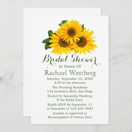ヒマワリブライダルシャワーイエロー&グリーンフローラ 招待状 (正面/裏面)