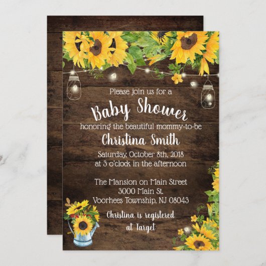 ヒマワリベビーシャワー招待状-カントリ素朴ー 招待状 (正面/裏面)