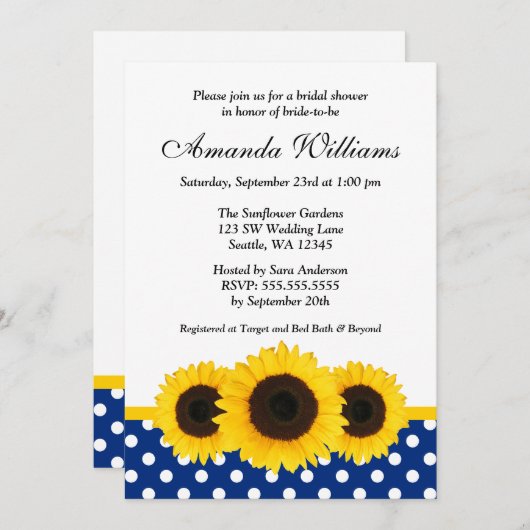 ヒマワリホワイトアンドブルー水玉模様ブライダルシャワー 招待状 (正面/裏面)