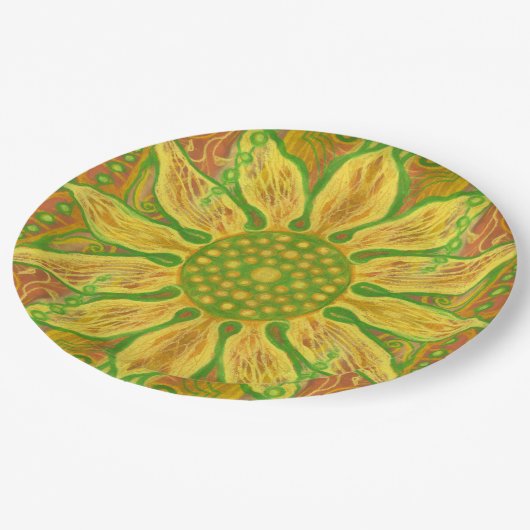 ヒマワリボヘミアフローラアート黄色がかった緑 ペーパープレート (アングル)