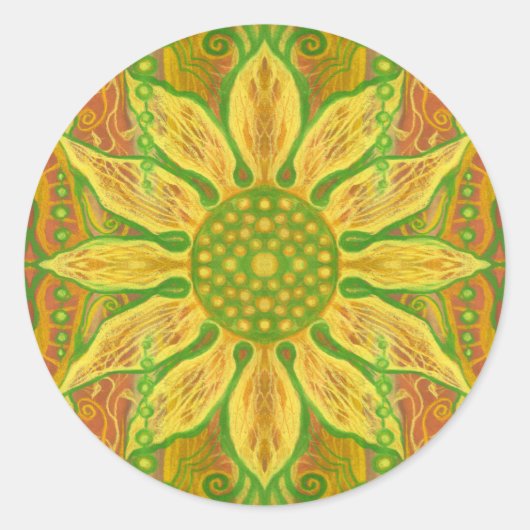 ヒマワリボヘミアフローラアート黄色がかった緑 ラウンドシール (正面)