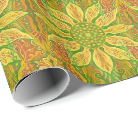 ヒマワリボヘミアフローラアート黄色がかった緑 ラッピングペーパー (ロールコーナー)