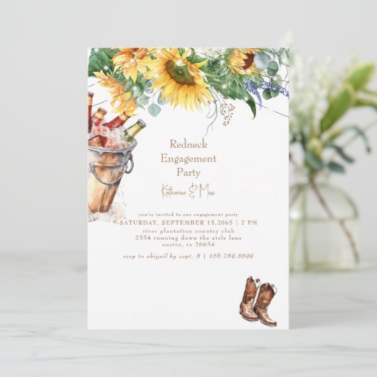 ヒマワリレッドネックブーツバケットオブビール婚約 招待状 (スタンド正面)