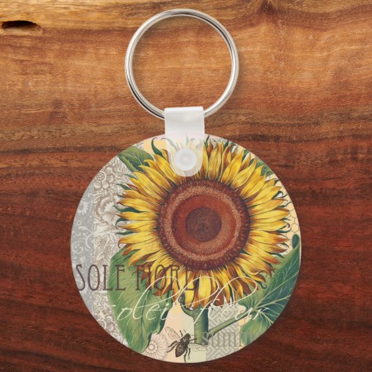 ヒマワリヴィンテージダマスク花文芸術 キーホルダー (正面)