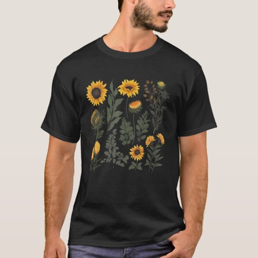 ヒマワリヴィンテージ山花植物図葉植物 Tシャツ (正面)