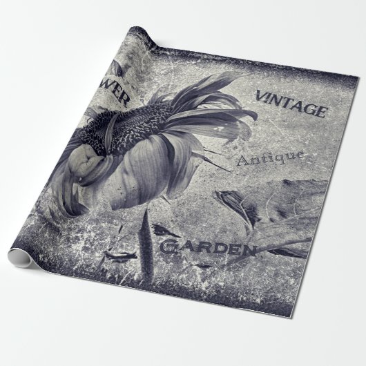 ヒマワリヴィンテージ白黒Ephemeraテクスチャ ラッピングペーパー (アンロールド)