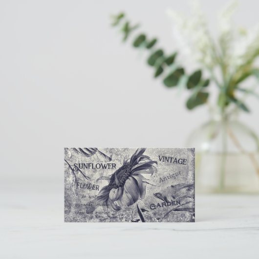 ヒマワリヴィンテージ白黒Ephemeraテクスチャ 名刺 (スタンド正面)