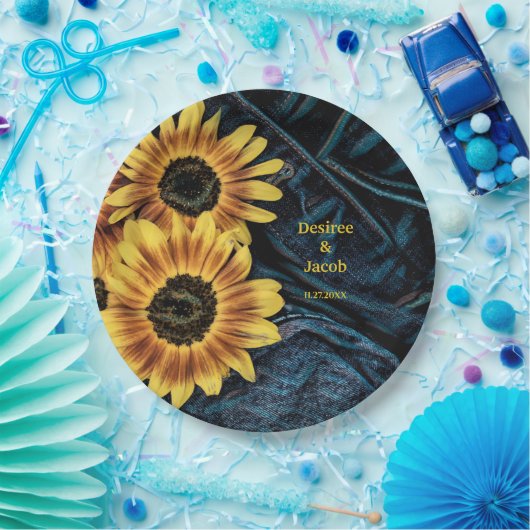 ヒマワリーイエローデニ素朴ムブルージー結婚ンズズ ペーパープレート (パーティー)