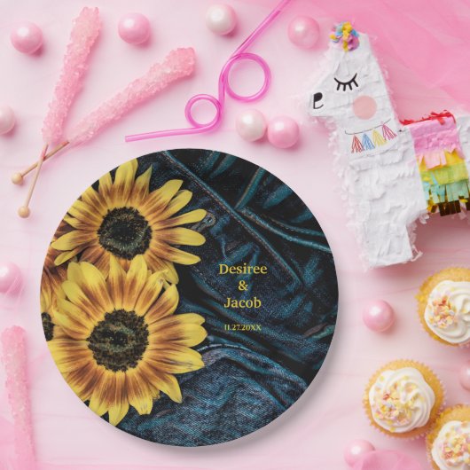 ヒマワリーイエローデニ素朴ムブルージー結婚ンズズ ペーパープレート (パーティー)