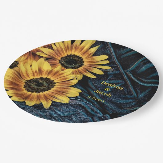 ヒマワリーイエローデニ素朴ムブルージー結婚ンズズ ペーパープレート (アングル)