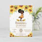 ヒマワリーカットアフリカ系アメリカ人ガール誕生日 招待状 (スタンド正面)