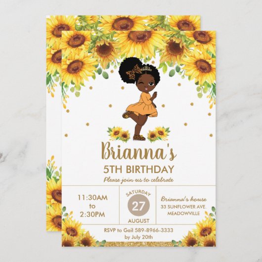 ヒマワリーカットアフリカ系アメリカ人ガール誕生日 招待状 (正面/裏面)