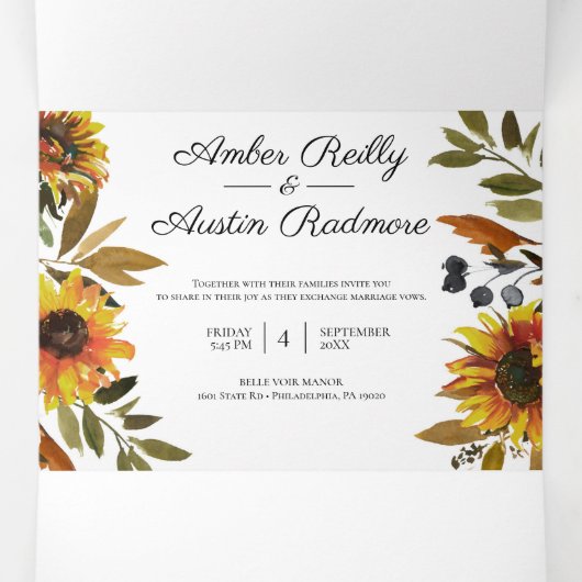 ヒマワリー・ネービ結婚ー・ブルーズ・オール・イン・ワン招待状 三つ折り案内状 (内部中)