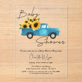 ヒマワリ付きウオーターカラートラック赤ちゃんシャワー アクリル招待状