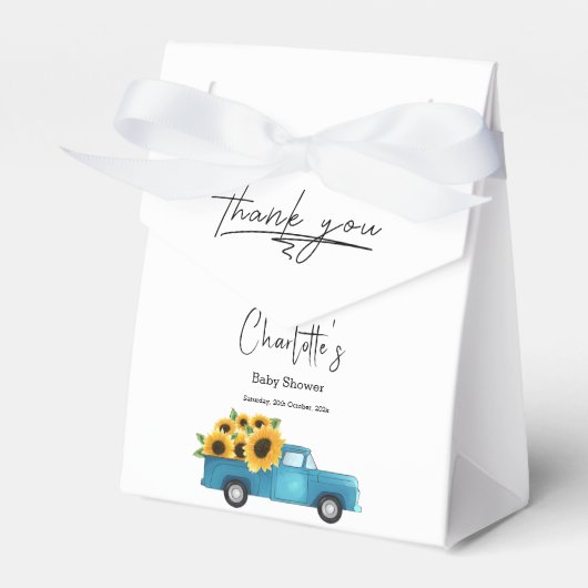 ヒマワリ付きウオーターカラートラック赤ちゃんシャワー フェイバーボックス (正面サイド)