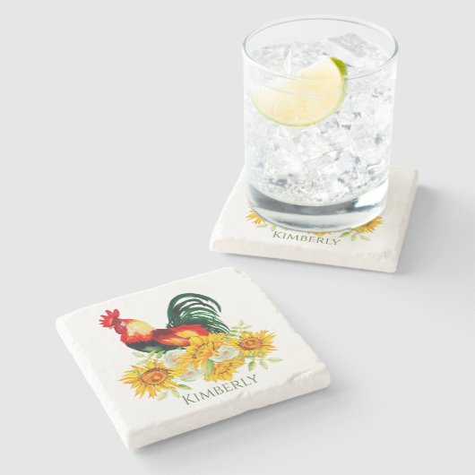 ヒマワリ付きオンドリ石コースター ストーンコースター (横)