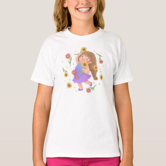 ヒマワリ付きガールイラストレーション Tシャツ (正面)