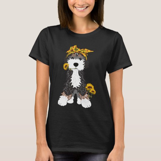 ヒマワリ付きベルネドードル犬 Tシャツ (正面)