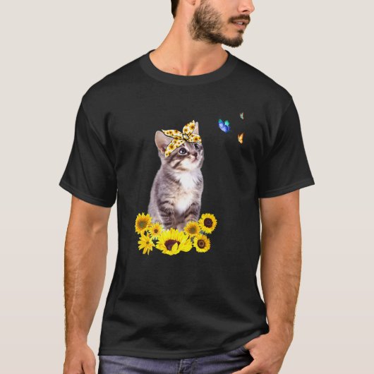 ヒマワリ付き子猫B付きバタフライ猫 Tシャツ (正面)